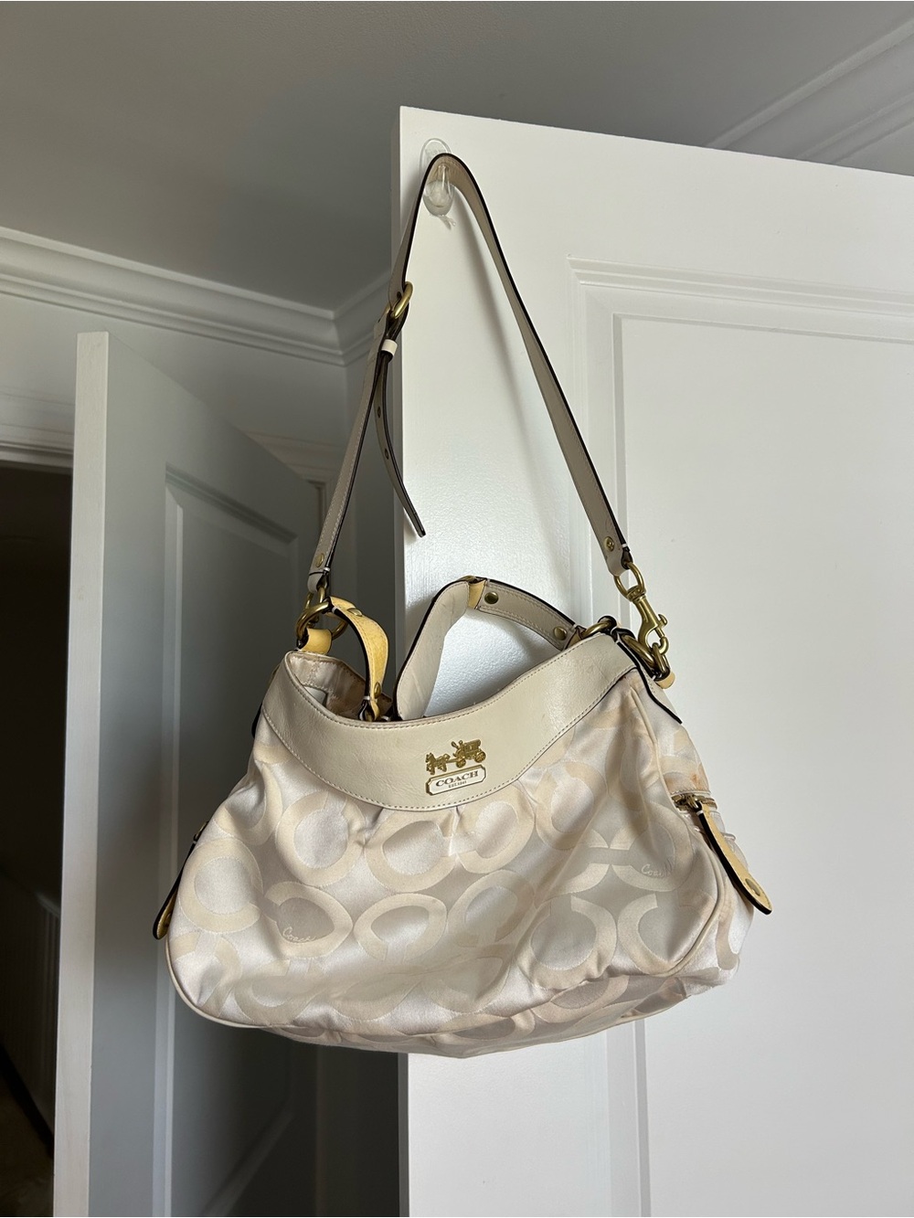 Coach Cream and Tan Signature Shoulder Bag
